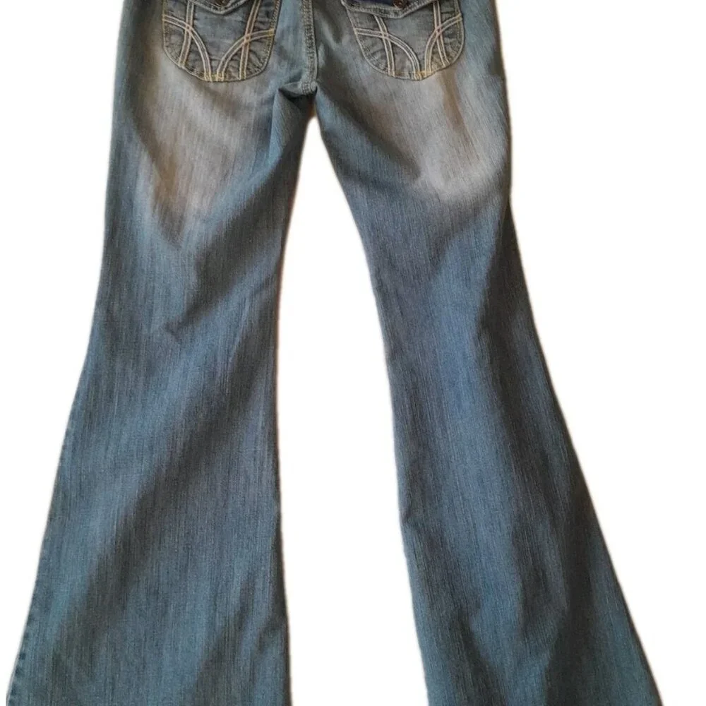 Vtg Y2K Womens Low Rise Retro Flare Embroidered Flap Pocket Sz 9 Jeans